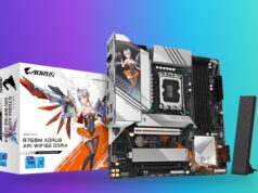 Gigabyte Readies Every B760 and H610 Board for New LGA 1700 CPUs Gigabyte B760M AORUS ARI WIFI6E DDR4 motherboard with its retail box and antenna on a blue-to-green gradient