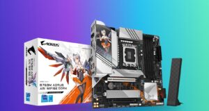 Gigabyte Readies Every B760 and H610 Board for New LGA 1700 CPUs Gigabyte B760M AORUS ARI WIFI6E DDR4 motherboard with its retail box and antenna on a blue-to-green gradient