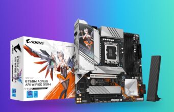 Gigabyte Readies Every B760 and H610 Board for New LGA 1700 CPUs Gigabyte B760M AORUS ARI WIFI6E DDR4 motherboard with its retail box and antenna on a blue-to-green gradient