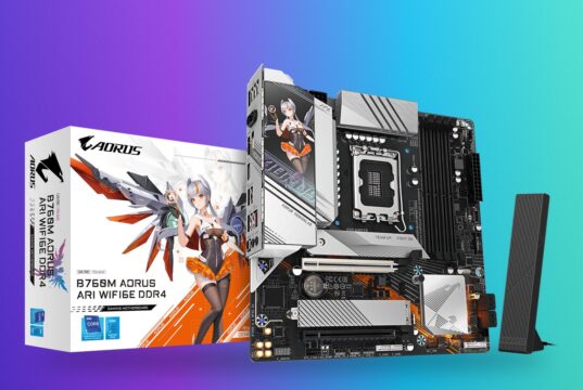 Gigabyte B760M AORUS ARI WIFI6E DDR4 motherboard with its retail box and antenna on a blue-to-green gradient