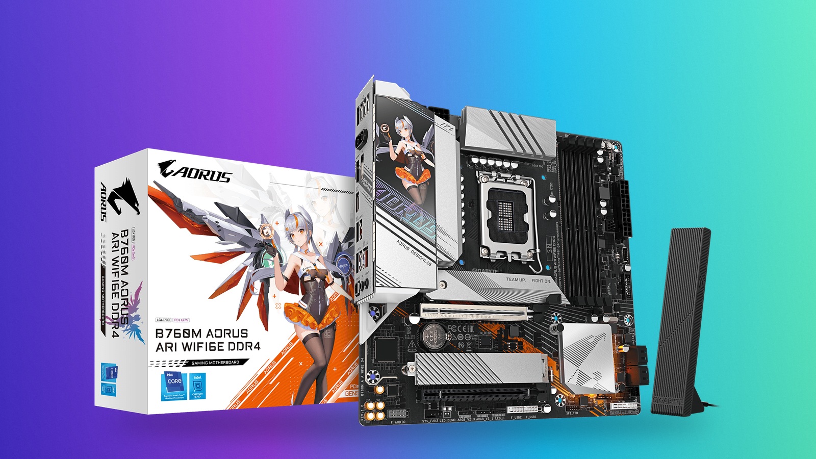 tmm-gigabyte-b760-lga1700-hero Gigabyte B760M AORUS ARI WIFI6E DDR4 motherboard with its retail box and antenna on a blue-to-green gradient