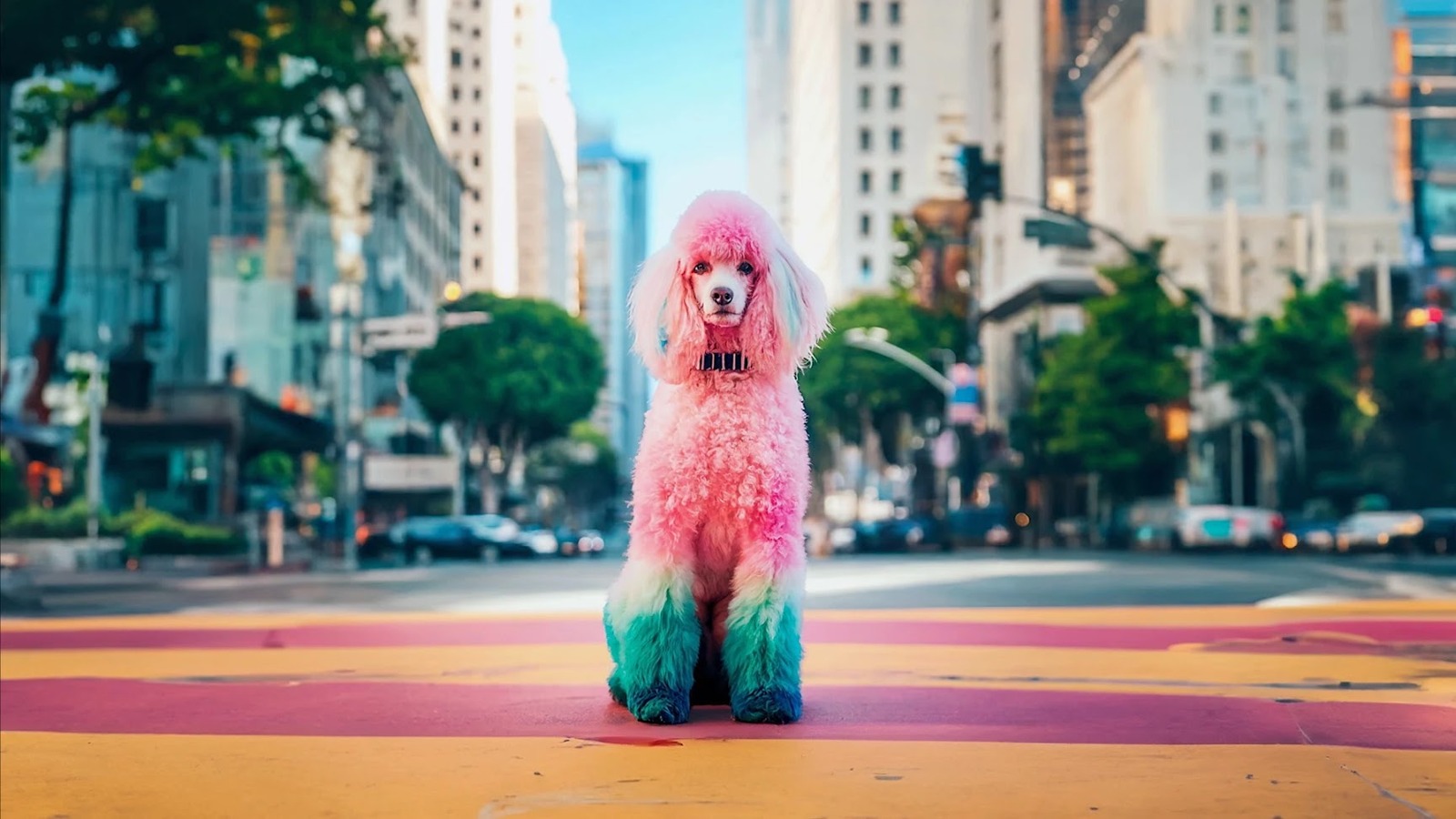 AI-generated image of a pink and teal poodle sitting in a city crosswalk used by Google DeepMind to demonstrate SynthID watermarking