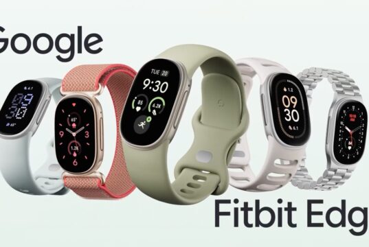 Five Google Fitbit Edge trackers in different finishes and bands, with the Google and Fitbit Edge wordmarks on a pale background