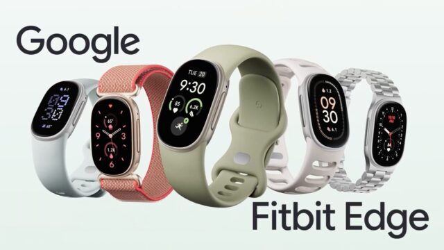 Five Google Fitbit Edge trackers in different finishes and bands, with the Google and Fitbit Edge wordmarks on a pale background