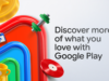 Google AI Studio Apps Install on Your Own Android Devices Google Play artwork with red, blue and green rounded frames holding a trophy, calendar, dumbbell, coin and vinyl record beside the words Discover more of what you love with Google Play