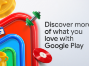 Google AI Studio Apps Install on Your Own Android Devices Google Play artwork with red, blue and green rounded frames holding a trophy, calendar, dumbbell, coin and vinyl record beside the words Discover more of what you love with Google Play