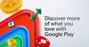 Google AI Studio Apps Install on Your Own Android Devices Google Play artwork with red, blue and green rounded frames holding a trophy, calendar, dumbbell, coin and vinyl record beside the words Discover more of what you love with Google Play