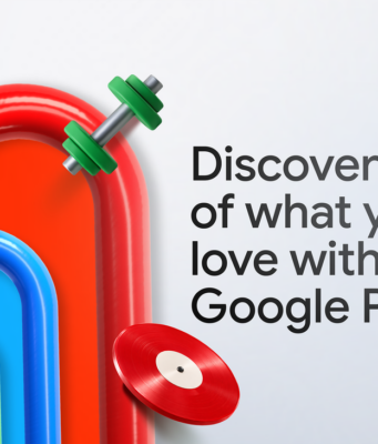 Google AI Studio Apps Install on Your Own Android Devices Google Play artwork with red, blue and green rounded frames holding a trophy, calendar, dumbbell, coin and vinyl record beside the words Discover more of what you love with Google Play