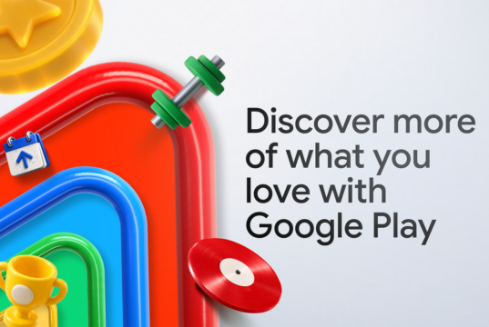 Google Play artwork with red, blue and green rounded frames holding a trophy, calendar, dumbbell, coin and vinyl record beside the words Discover more of what you love with Google Play