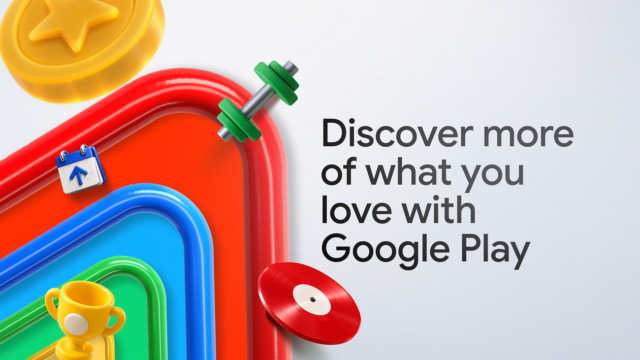 tmm-google-play-discover-1300 Google Play artwork with red, blue and green rounded frames holding a trophy, calendar, dumbbell, coin and vinyl record beside the words Discover more of what you love with Google Play