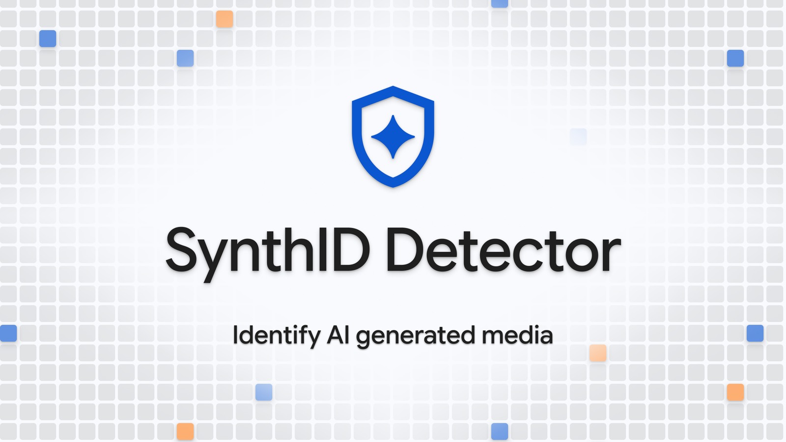 SynthID Detector logo card with a blue shield icon and the tagline Identify AI generated media