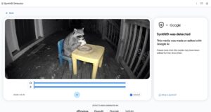 How to Use Google’s SynthID Detector Website to Spot AI Media Google SynthID Detector interface flagging a night-vision video of a raccoon eating a sandwich as made or edited with Google AI