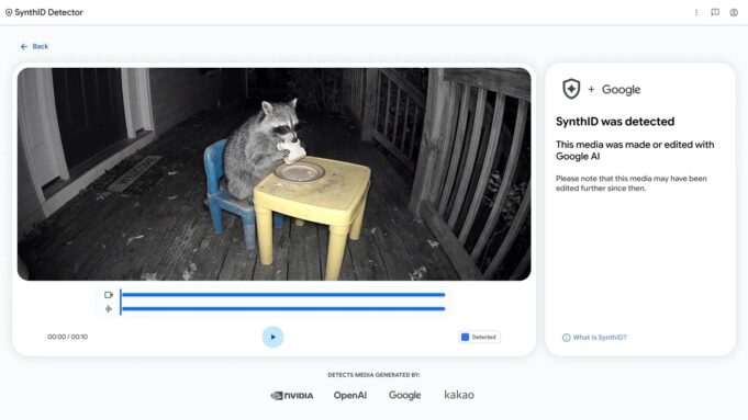 How to Use Google’s SynthID Detector Website to Spot AI Media Google SynthID Detector interface flagging a night-vision video of a raccoon eating a sandwich as made or edited with Google AI