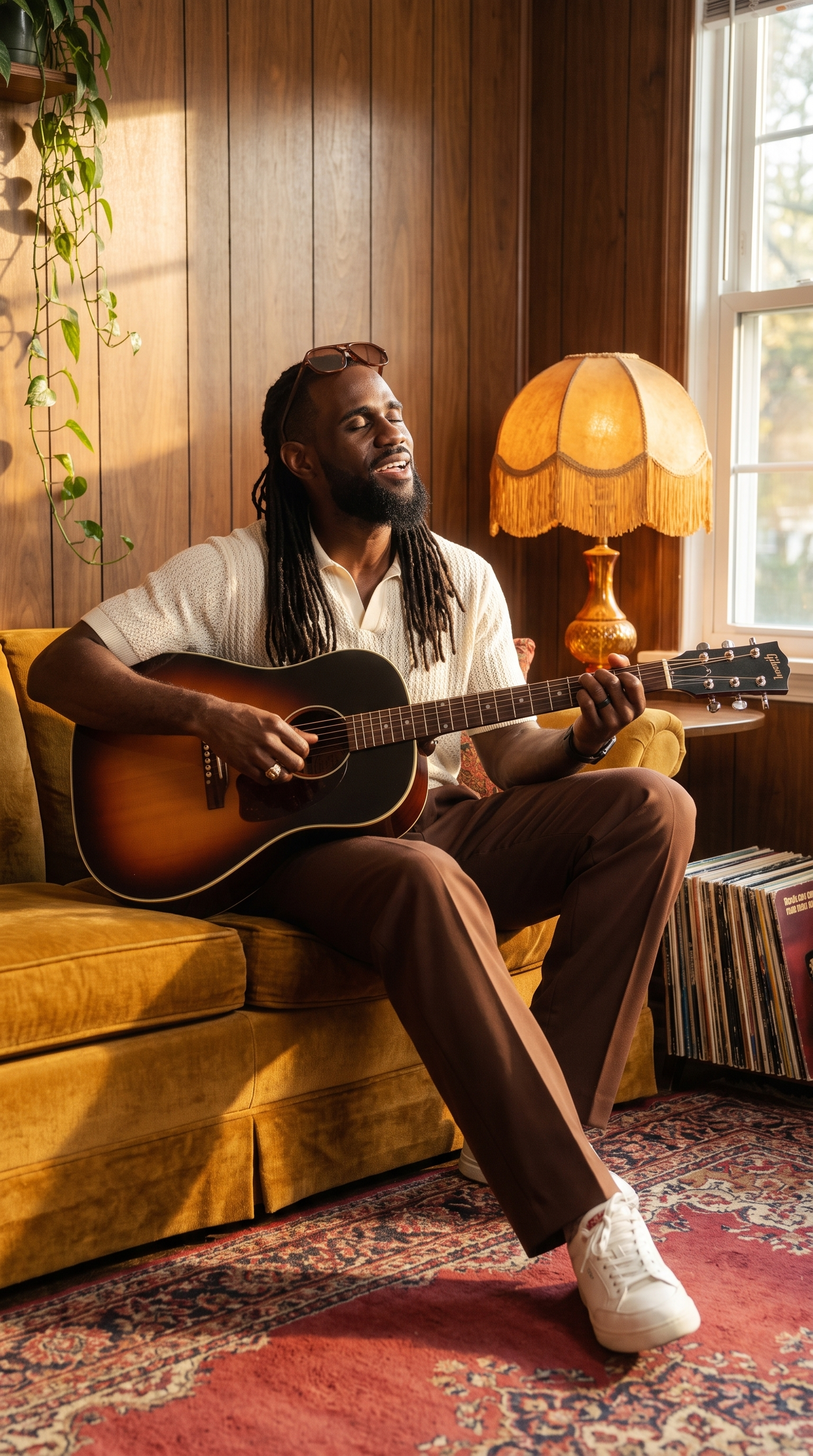 Pelli AI music video keyframe with a guitar, mustard sofa and amber lamp