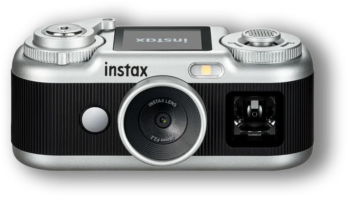 Black and silver Instax Pal 2 with its lens, viewfinder and top controls visible