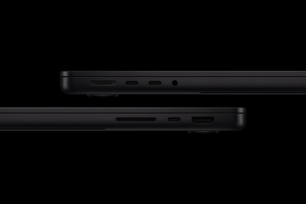 Left and right sides of the MacBook Pro showing its charging, USB-C, HDMI and SDXC ports