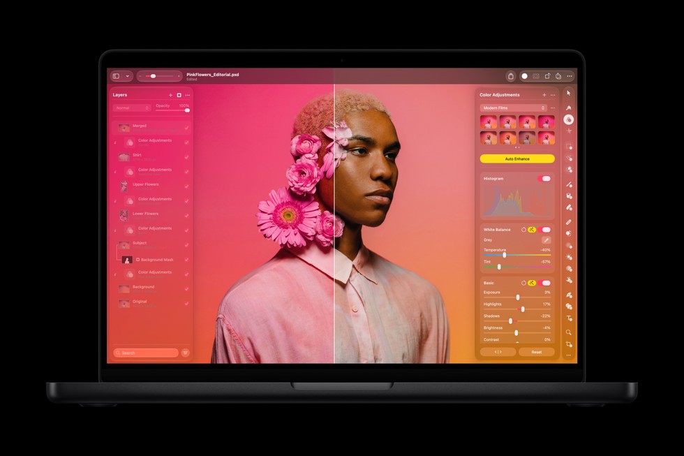 14-inch MacBook Pro showing a split portrait edit in Pixelmator Pro
