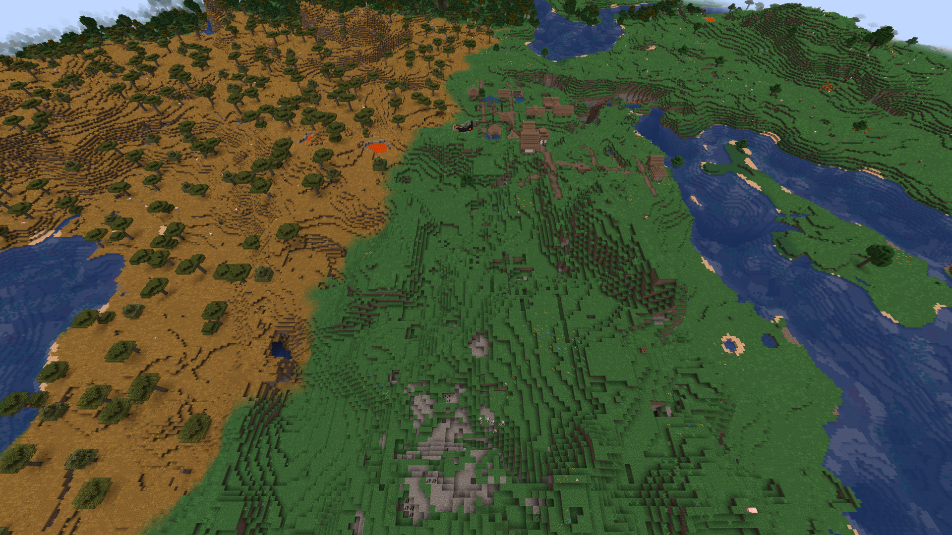 Aerial view of a Minecraft world render: brown forested hills on the left, a green village ridge in the center, and blue water on the right, using a pixel texture pack