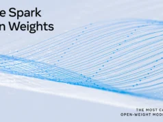 Muse Spark Open Weights launch graphic with blue flowing lines on a pale background