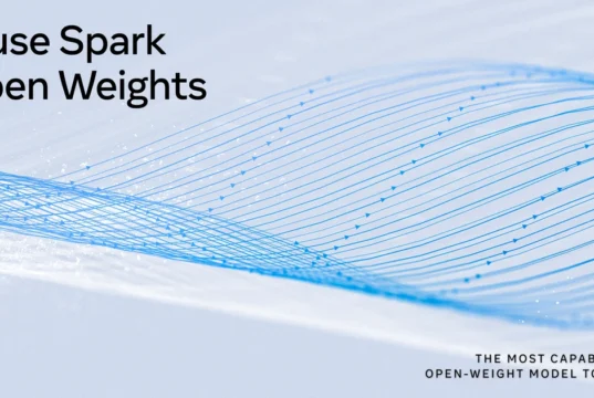 Muse Spark Open Weights launch graphic with blue flowing lines on a pale background
