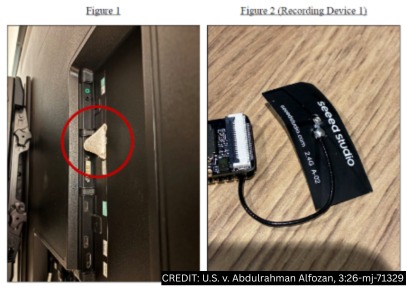 Two figures from the criminal complaint: a red circle marking a small wrapped object plugged into the back of a television, and a small circuit board labelled Seeed Studio with a black flat antenna on a wooden surface