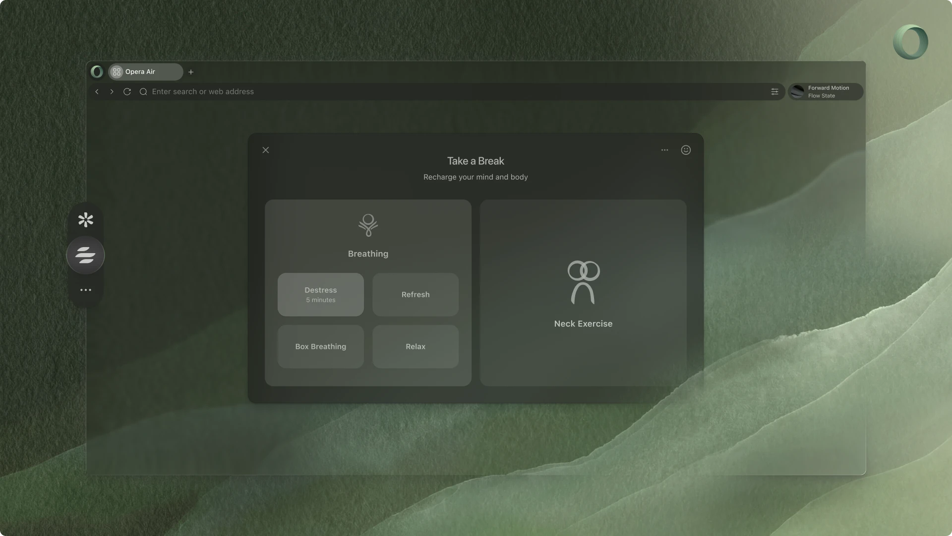 Opera Air sidebar showing guided breathing breaks and neck stretches
