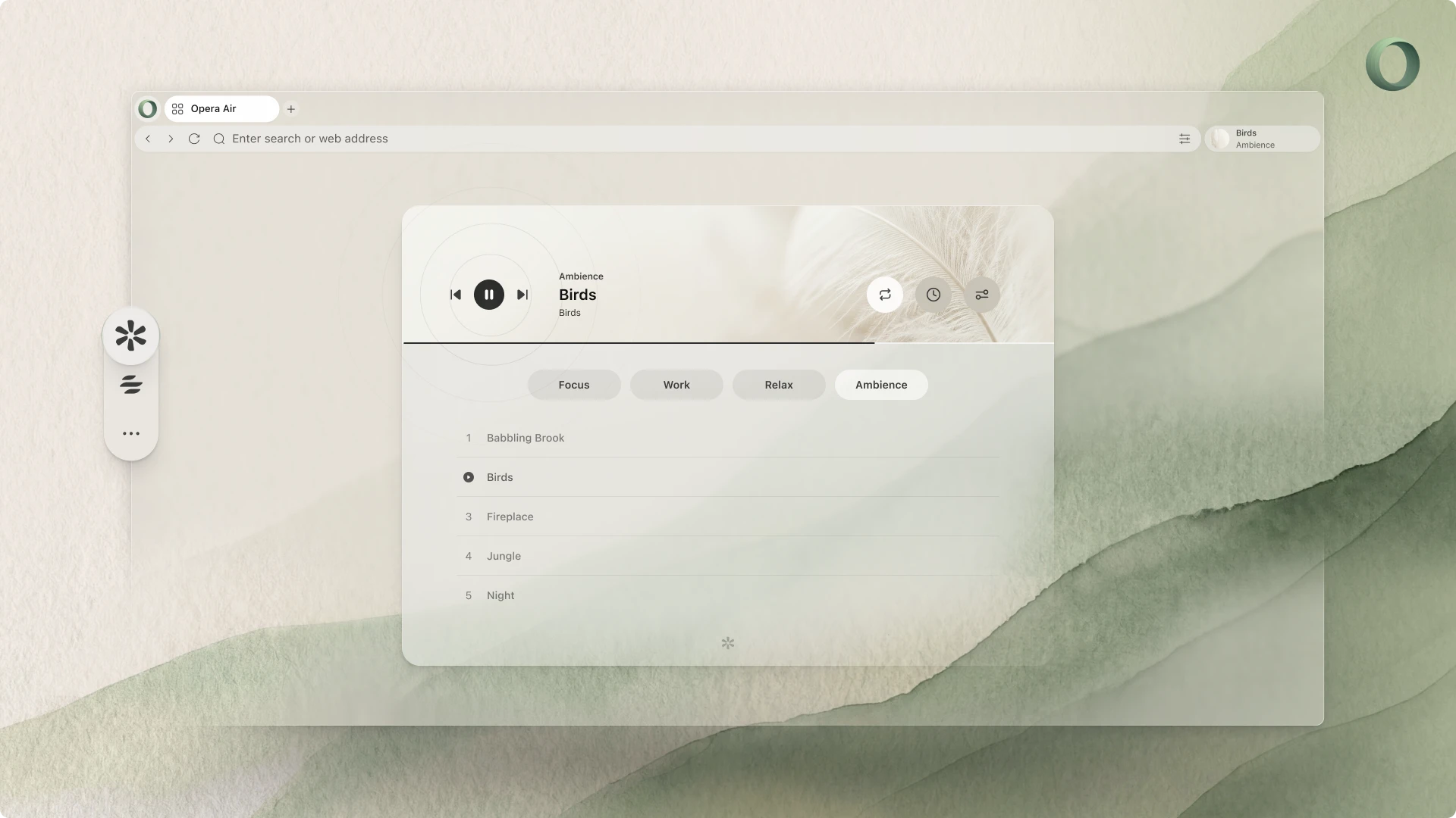 Opera Air Soundscapes audio menu displaying ambient mood tracks