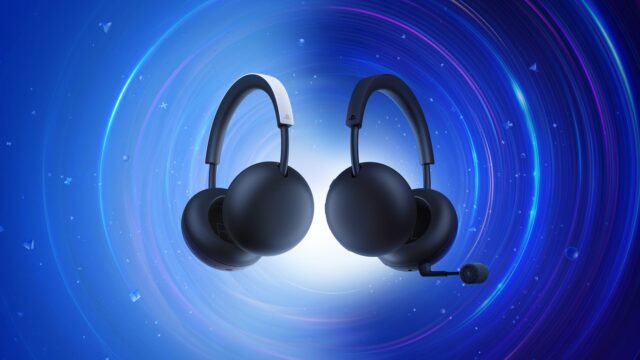 tmm-playstation-pulse-and-pulse-edge-official White PlayStation Pulse headset at left and Midnight Black Pulse Edge with a boom microphone at right on a blue background