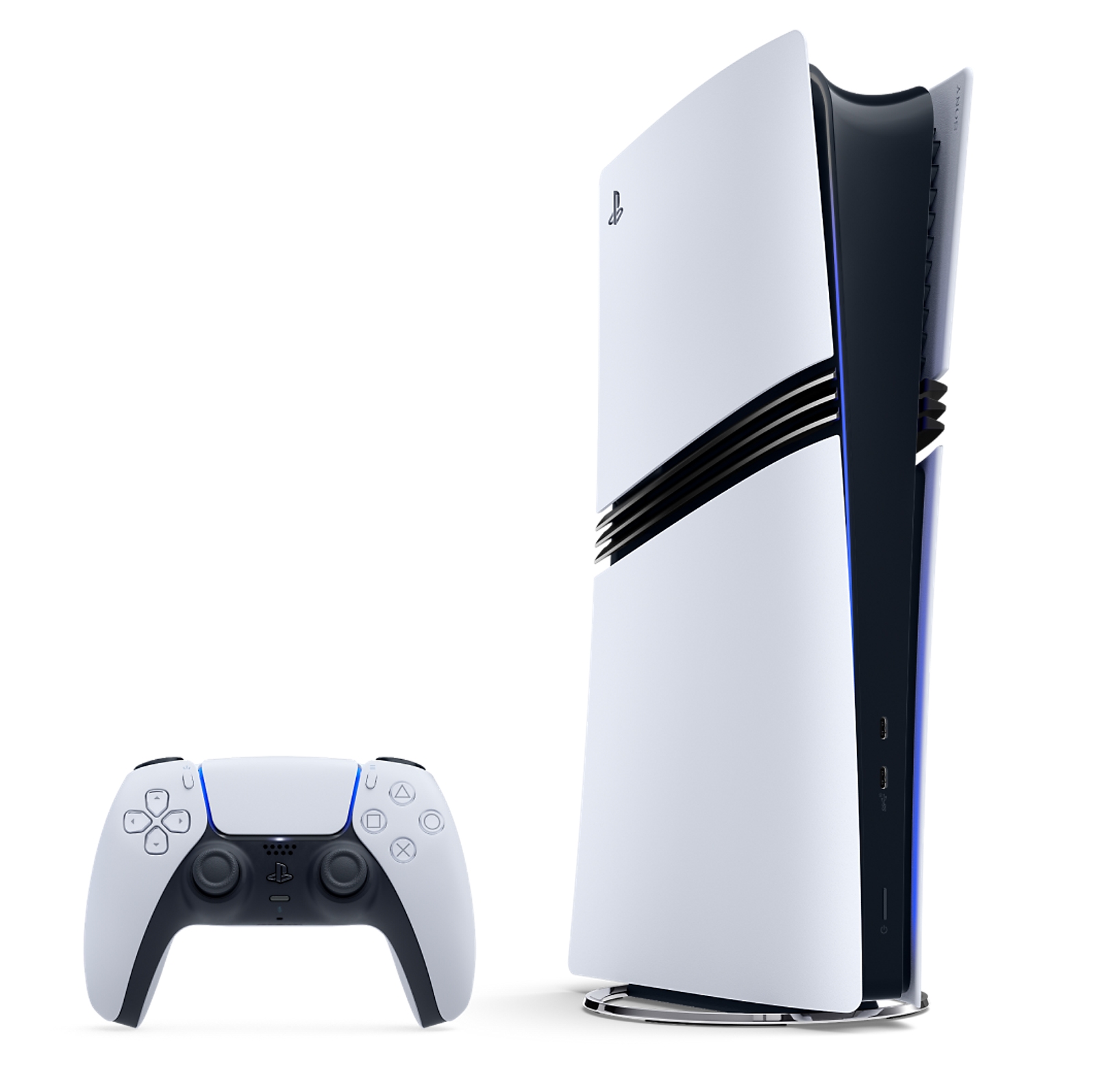 White PS5 Pro console beside a DualSense controller