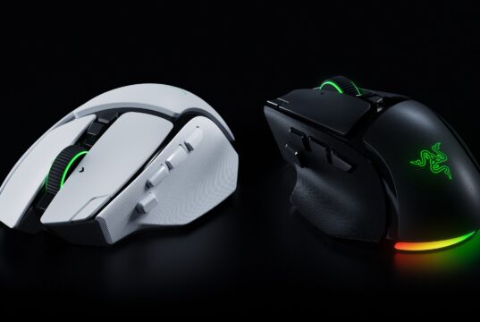 Razer Basilisk V4 Pro gaming mouse in white and black, shown side by side on a dark background