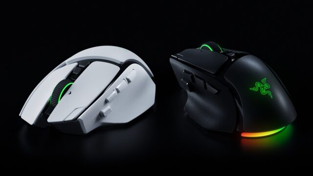 tmm-razer-basilisk-v4-pro-hero Razer Basilisk V4 Pro gaming mouse in white and black, shown side by side on a dark background