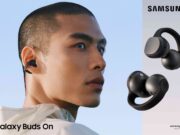A person shown in profile wearing a black Galaxy Buds On clip-on earbud, beside two renders of the black open-ear earbuds