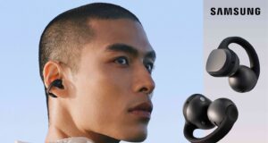 Galaxy Buds On Reach the US at $229 in Early November A person shown in profile wearing a black Galaxy Buds On clip-on earbud, beside two renders of the black open-ear earbuds
