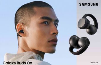 Galaxy Buds On Reach the US at $229 in Early November A person shown in profile wearing a black Galaxy Buds On clip-on earbud, beside two renders of the black open-ear earbuds