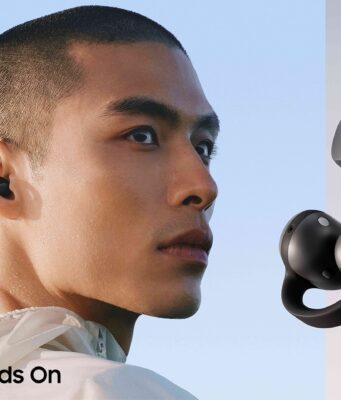 Galaxy Buds On Reach the US at $229 in Early November A person shown in profile wearing a black Galaxy Buds On clip-on earbud, beside two renders of the black open-ear earbuds