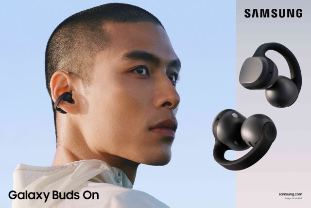 A person shown in profile wearing a black Galaxy Buds On clip-on earbud, beside two renders of the black open-ear earbuds