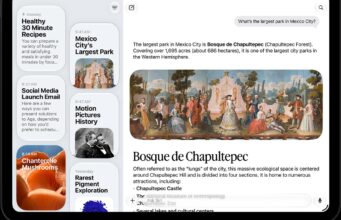 Siri AI in CarPlay on iOS 27 skips phones without Apple Intelligence Apple Intelligence marketing still of a tablet Siri app: a left column of cards such as Healthy 30 Minute Recipes and a right pane answering What’s the largest park in Mexico City? with Bosque de Chapultepec