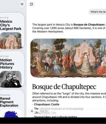 Siri AI in CarPlay on iOS 27 skips phones without Apple Intelligence Apple Intelligence marketing still of a tablet Siri app: a left column of cards such as Healthy 30 Minute Recipes and a right pane answering What’s the largest park in Mexico City? with Bosque de Chapultepec