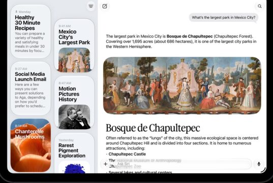 Apple Intelligence marketing still of a tablet Siri app: a left column of cards such as Healthy 30 Minute Recipes and a right pane answering What’s the largest park in Mexico City? with Bosque de Chapultepec