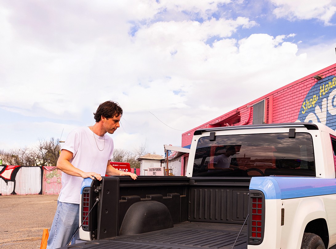 Slate Truck 5-foot cargo bed shown with its tailgate lowered