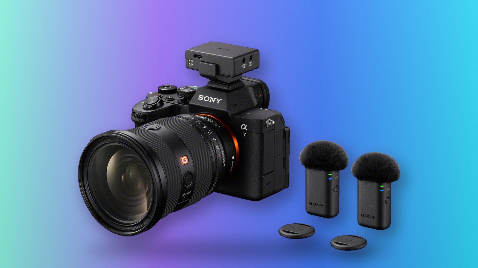 Sony ECM-W5 receiver on an Alpha camera beside two transmitters against a blue and violet background