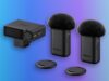 Sony ECM-W5 receiver and two transmitters with windscreens and mounting plates against a blue and violet background