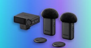 Sony ECM-W5 receiver and two transmitters with windscreens and mounting plates against a blue and violet background