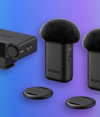 Sony ECM-W5 Puts 32-Bit Float Audio in Compatible Cameras Sony ECM-W5 receiver and two transmitters with windscreens and mounting plates against a blue and violet background