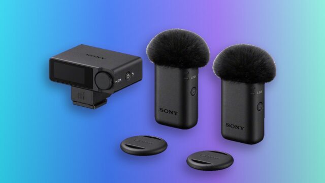 Sony ECM-W5 receiver and two transmitters with windscreens and mounting plates against a blue and violet background