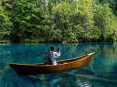 A person seated in a wooden canoe on a clear river, filming a dense jungle shoreline with a smartphone