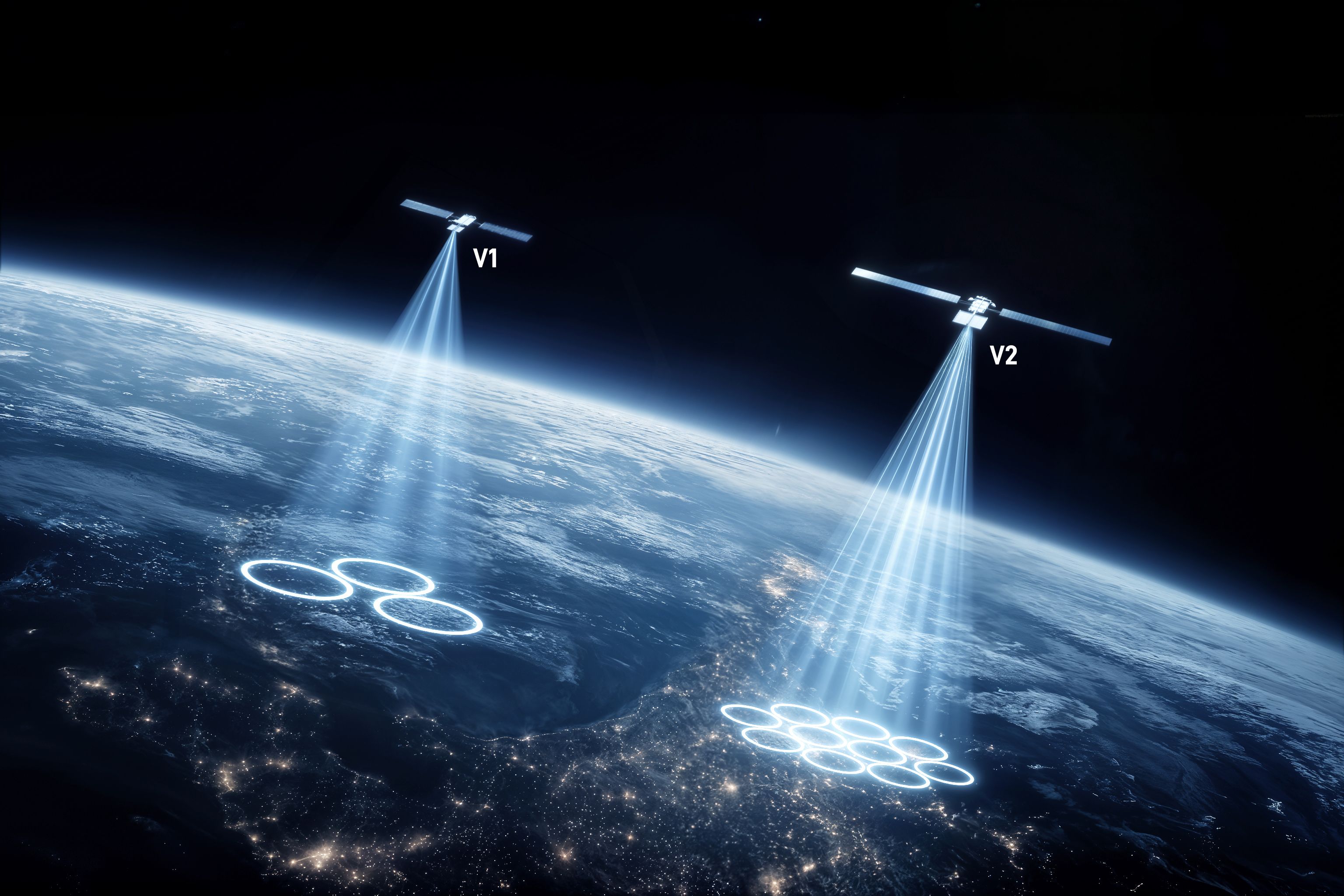 Illustration comparing V1 and V2 Starlink satellites beaming service to footprints on Earth at night