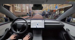 Tesla Assisted Driving Replaces Full Self-Driving In Europe Tesla Assisted Driving interior view from a driver seat on a Dutch city street, from Tesla Netherlands