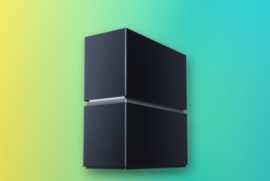 TP-Link Archer 8 Ultra, a dark navy stacked-tower Wi-Fi 8 router with a glowing band through its middle, shown on a colorful editorial gradient background