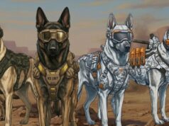 Warhound Raises $200 Million for Military Working Dogs Illustrated dogs in goggles and tactical vests stand in a desert, including a tan vest labeled K9 UNIT